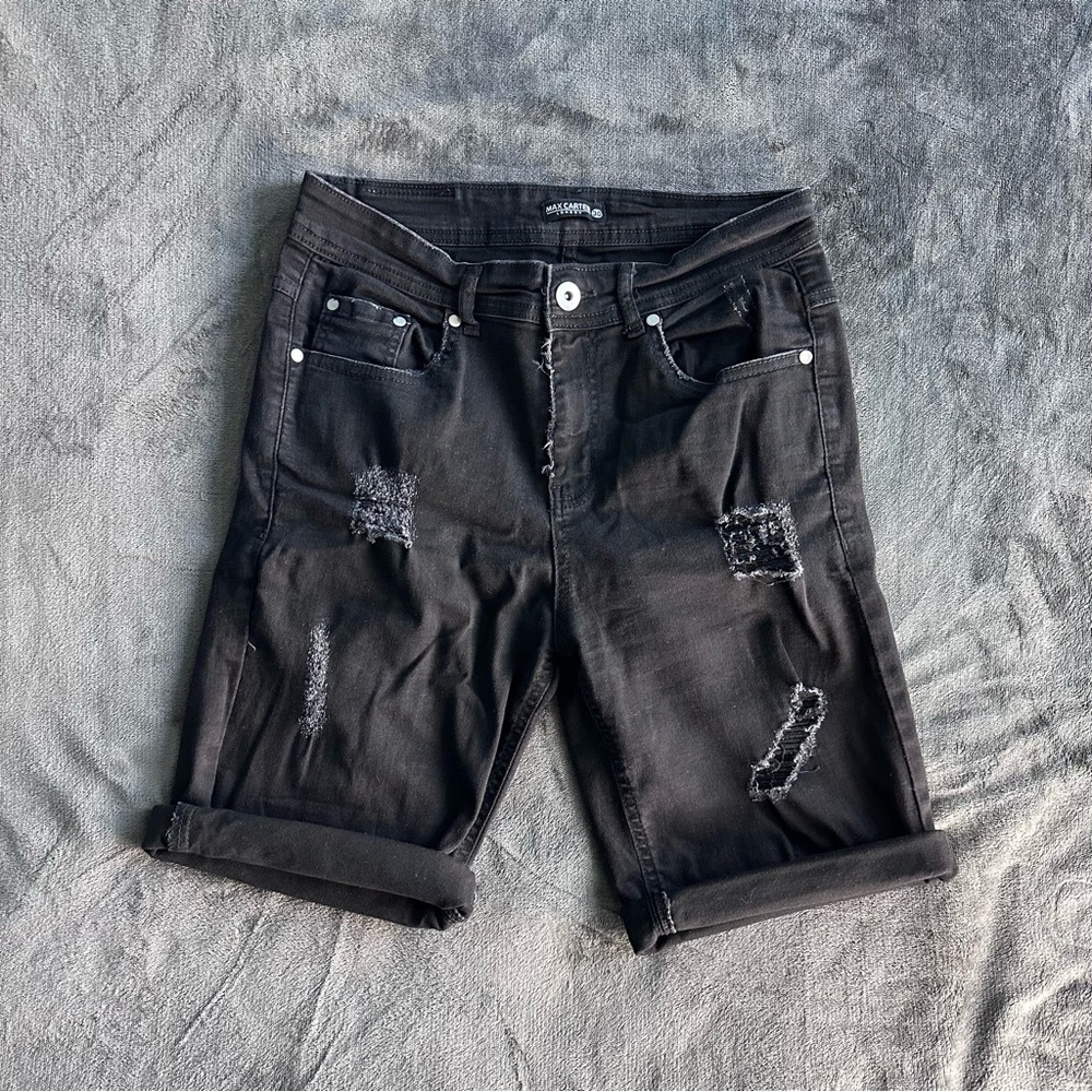 Max Carter © Distressed Black Denim Shorts